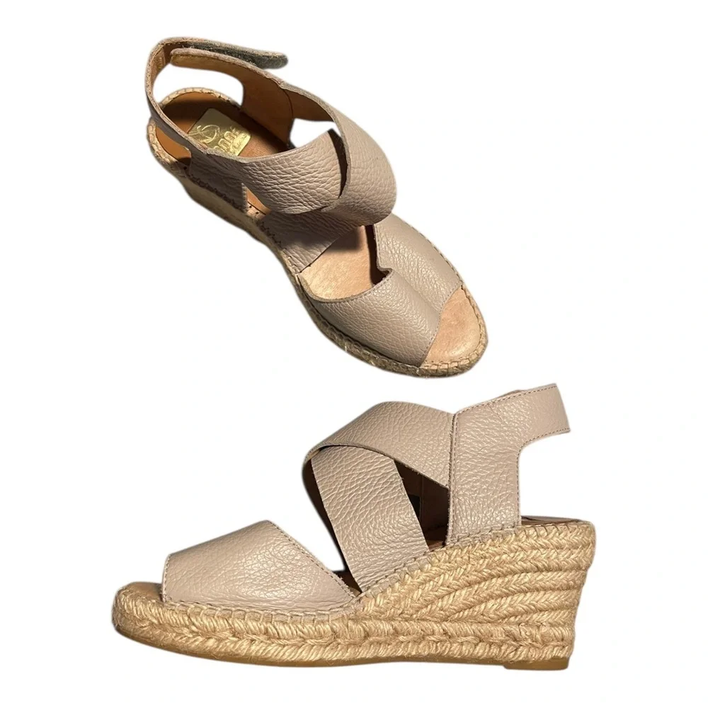 kanna Taupe Textured Leather Spain Espadrille Wedge Sandals Size EU 37 US 6.5-7